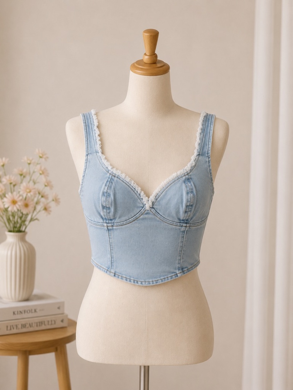 Tinseltown Light Blue Denim Crop Top Size L NEW